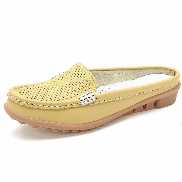 Nieuwe Dames Casual Mode Ademende Ronde Neus Slip-on Lederen Platte Sandalen Schoenen