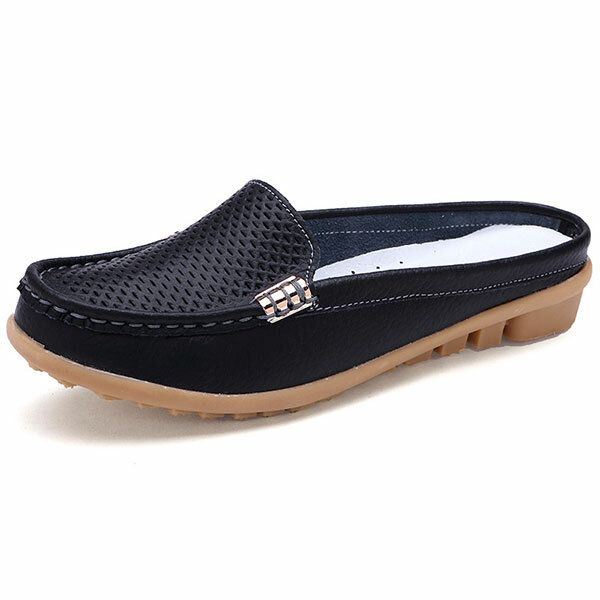 Nieuwe Dames Casual Mode Ademende Ronde Neus Slip-on Lederen Platte Sandalen Schoenen