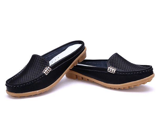 Nieuwe Dames Casual Mode Ademende Ronde Neus Slip-on Lederen Platte Sandalen Schoenen