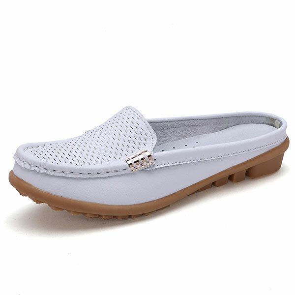 Nieuwe Dames Casual Mode Ademende Ronde Neus Slip-on Lederen Platte Sandalen Schoenen