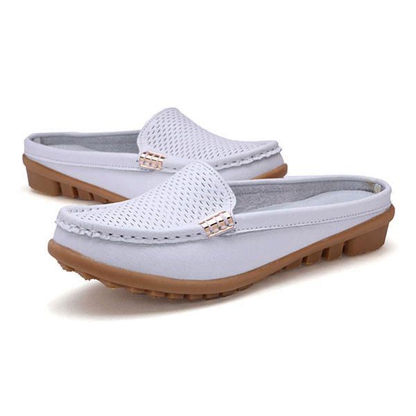 Nieuwe Dames Casual Mode Ademende Ronde Neus Slip-on Lederen Platte Sandalen Schoenen