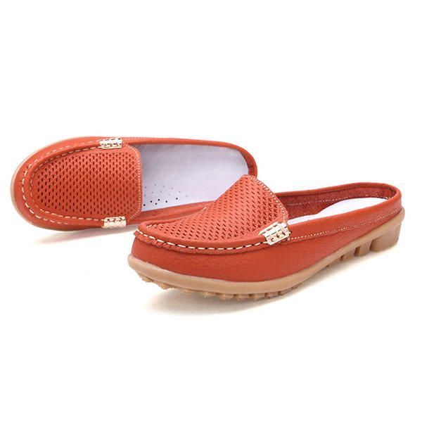 Nieuwe Dames Casual Mode Ademende Ronde Neus Slip-on Lederen Platte Sandalen Schoenen