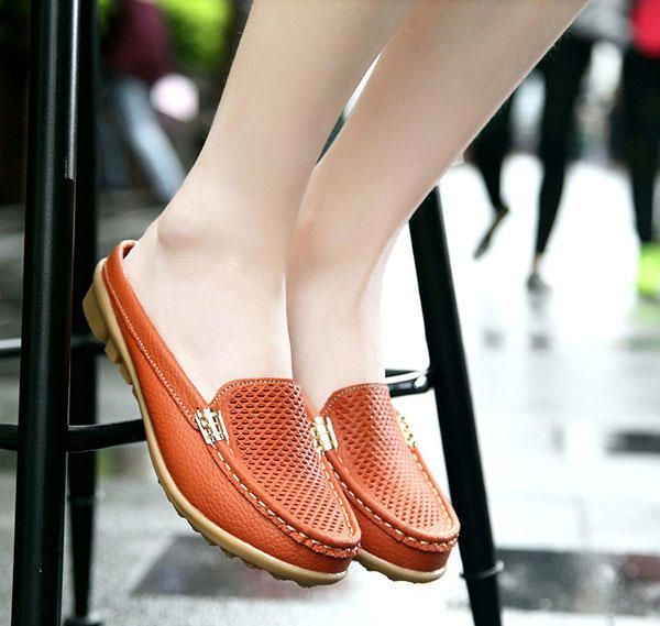 Nieuwe Dames Casual Mode Ademende Ronde Neus Slip-on Lederen Platte Sandalen Schoenen