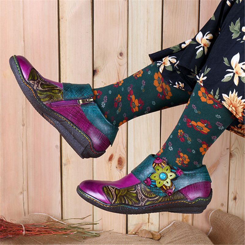 Platte Leren Schoenen Voor Dames Met Plantpatroon En Haaklus