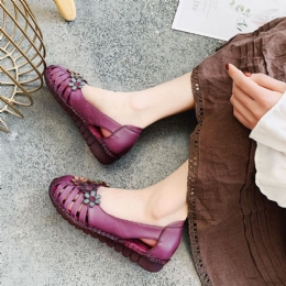 Plus Maat Dames Ademend Zacht Comfortabel Echt Leer Bloemen Verfraaid Met De Hand Gestikt Platte Schoenen