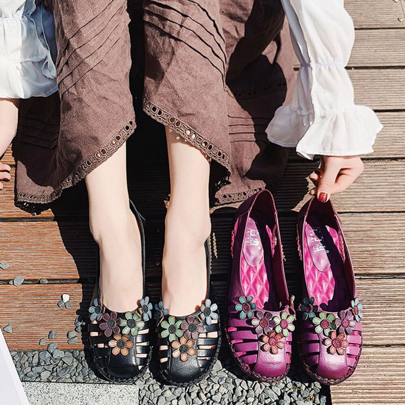 Plus Maat Dames Ademend Zacht Comfortabel Echt Leer Bloemen Verfraaid Met De Hand Gestikt Platte Schoenen