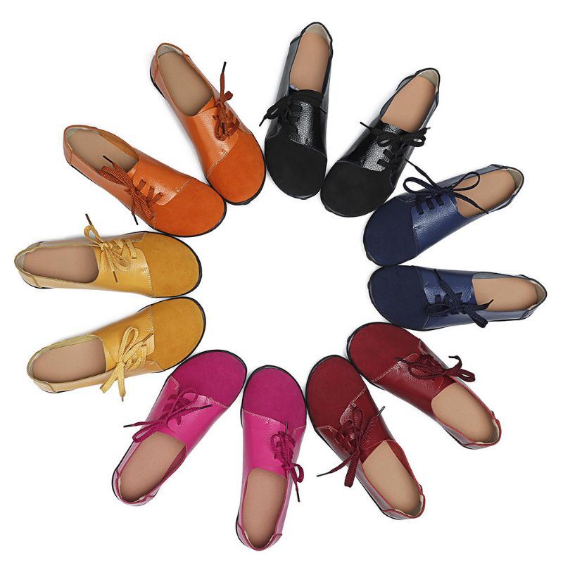 Plus Size Dames Lace Up Leren Flats Zachte Casual Schoenen