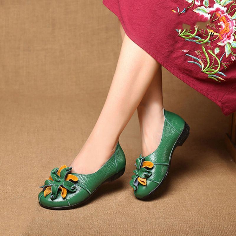 Retro Handgemaakte Bloemdecor Voor Dames Zacht Plat Casual Leren Loafers