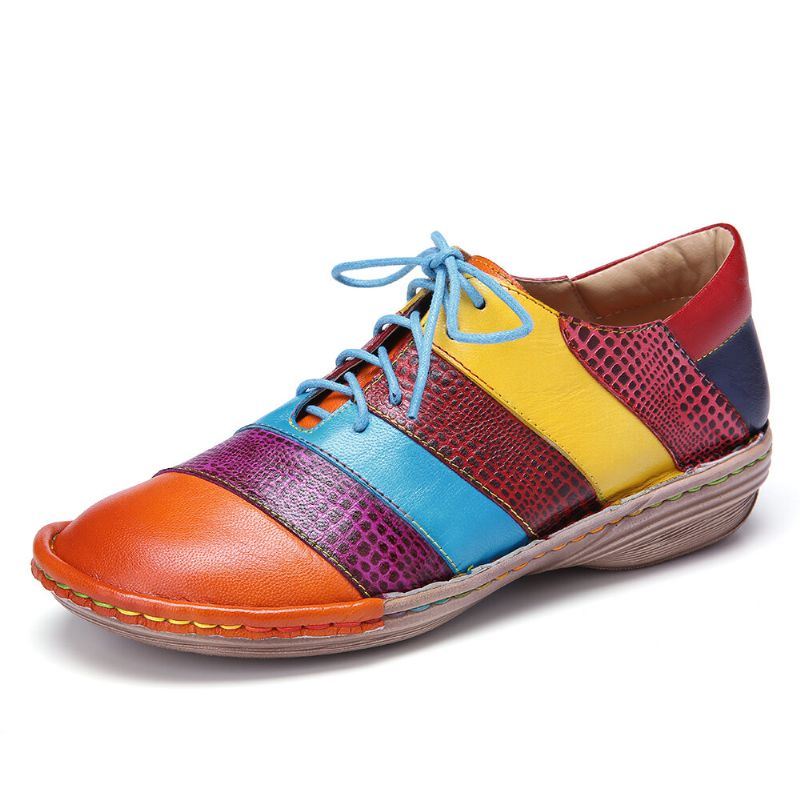 Retro Handgemaakte Comfortabele Lederen Colorblock Contrasterende Platte Schoenen Met Veters