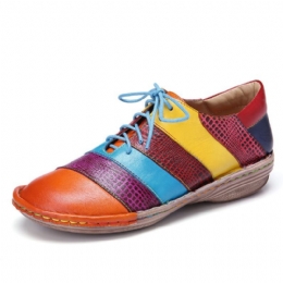 Retro Handgemaakte Comfortabele Lederen Colorblock Contrasterende Platte Schoenen Met Veters