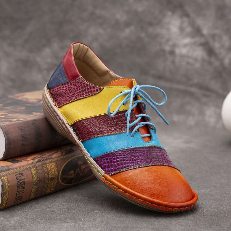 Retro Handgemaakte Comfortabele Lederen Colorblock Contrasterende Platte Schoenen Met Veters