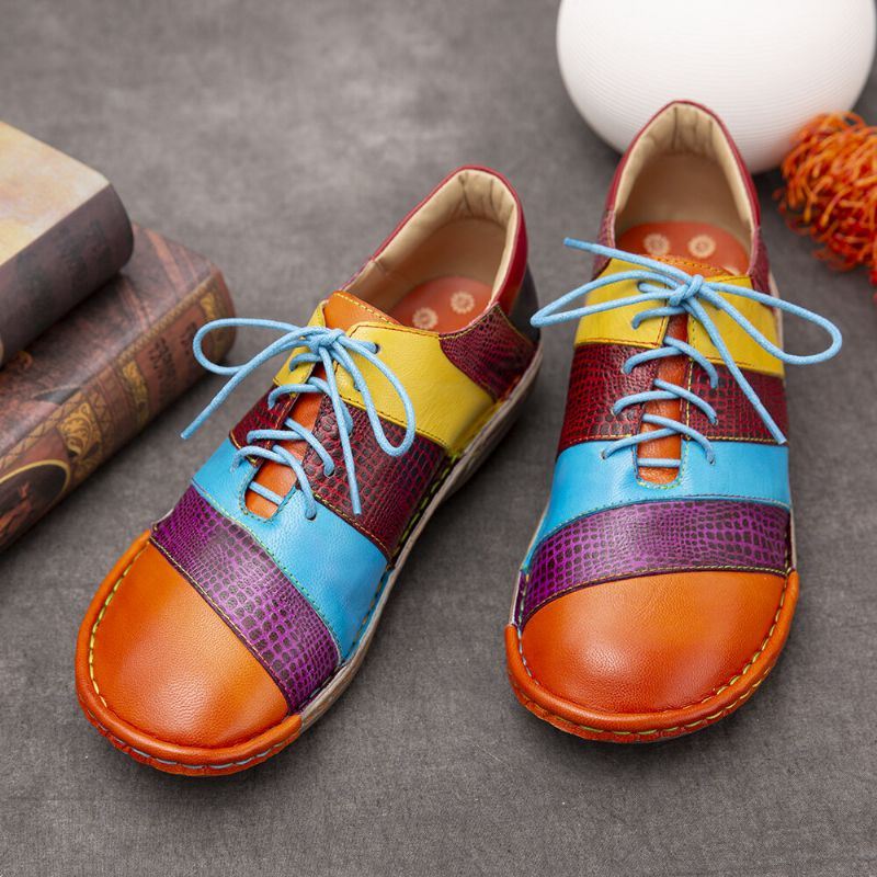 Retro Handgemaakte Comfortabele Lederen Colorblock Contrasterende Platte Schoenen Met Veters