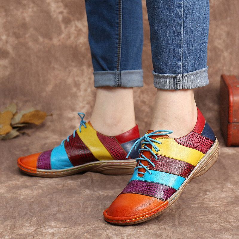 Retro Handgemaakte Comfortabele Lederen Colorblock Contrasterende Platte Schoenen Met Veters