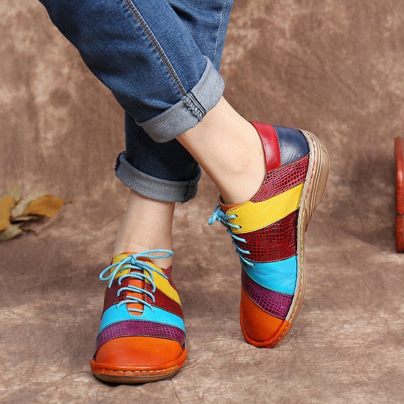 Retro Handgemaakte Comfortabele Lederen Colorblock Contrasterende Platte Schoenen Met Veters