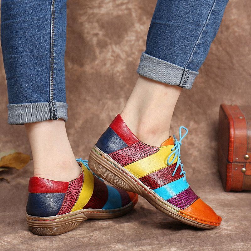 Retro Handgemaakte Comfortabele Lederen Colorblock Contrasterende Platte Schoenen Met Veters