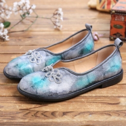 Tie-dyed Lederen Chinese Knoopdecor Voor Dames Comfortabele Zachte Slip Op Platte Schoenen