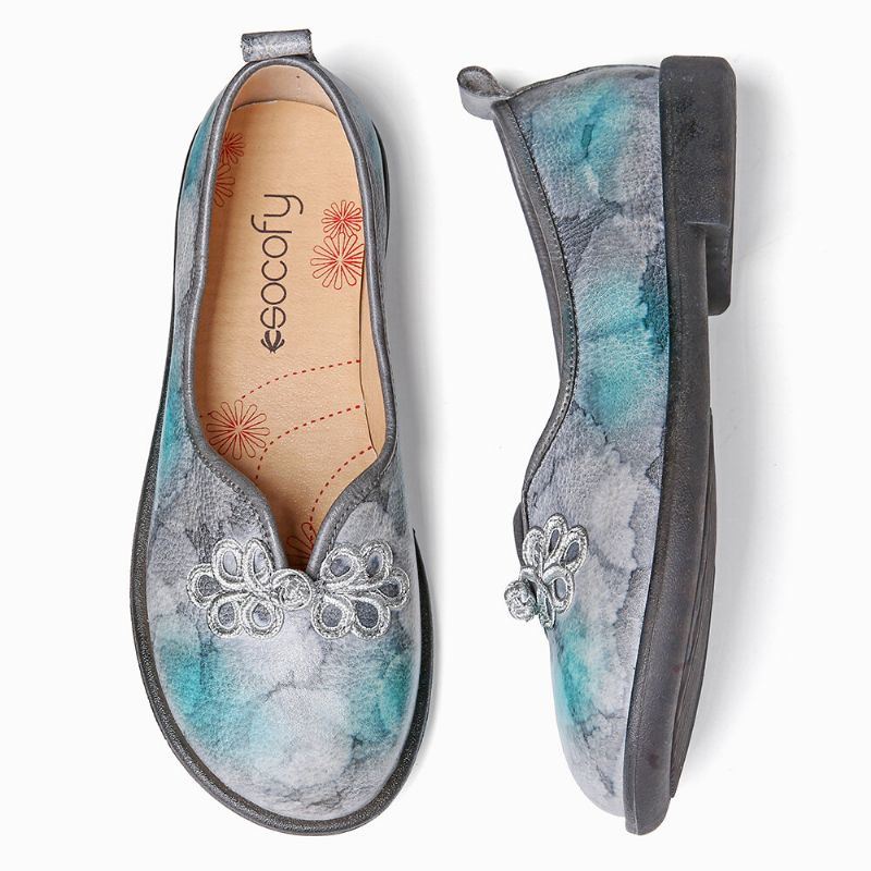 Tie-dyed Lederen Chinese Knoopdecor Voor Dames Comfortabele Zachte Slip Op Platte Schoenen