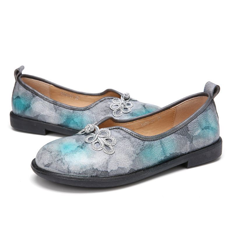 Tie-dyed Lederen Chinese Knoopdecor Voor Dames Comfortabele Zachte Slip Op Platte Schoenen