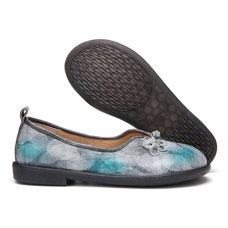 Tie-dyed Lederen Chinese Knoopdecor Voor Dames Comfortabele Zachte Slip Op Platte Schoenen