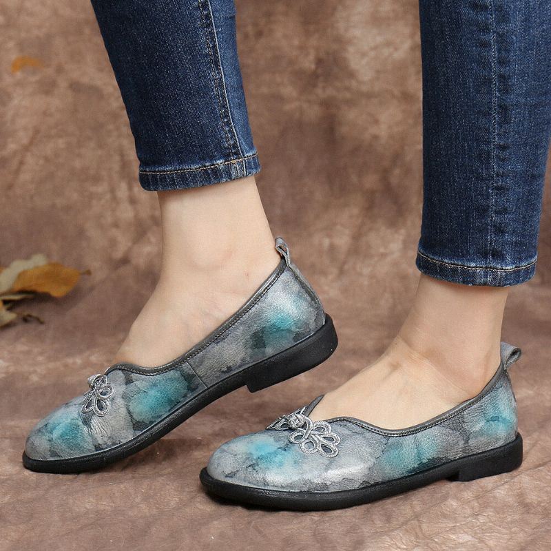 Tie-dyed Lederen Chinese Knoopdecor Voor Dames Comfortabele Zachte Slip Op Platte Schoenen