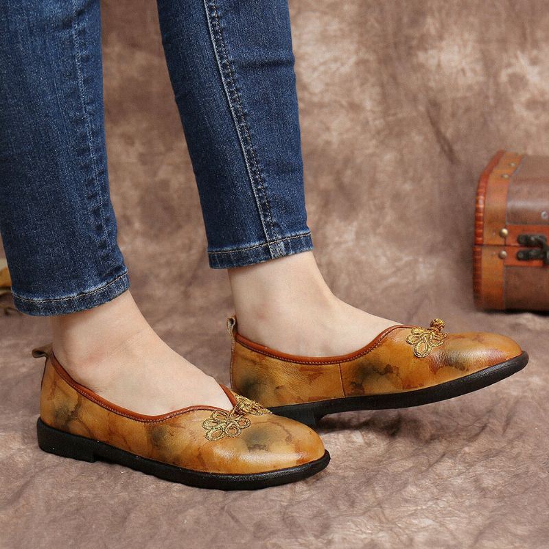 Tie-dyed Lederen Chinese Knoopdecor Voor Dames Comfortabele Zachte Slip Op Platte Schoenen