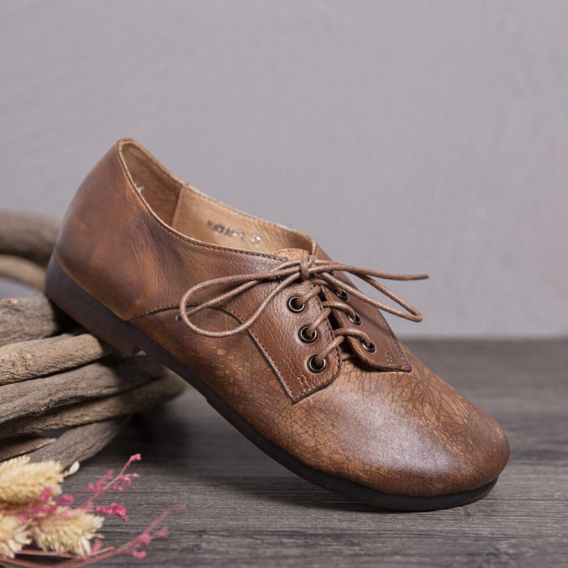 Vintage Handgemaakte Lederen Splicing Comfortabele Zachte Zool Lace Up Platte Schoenen Voor Dames