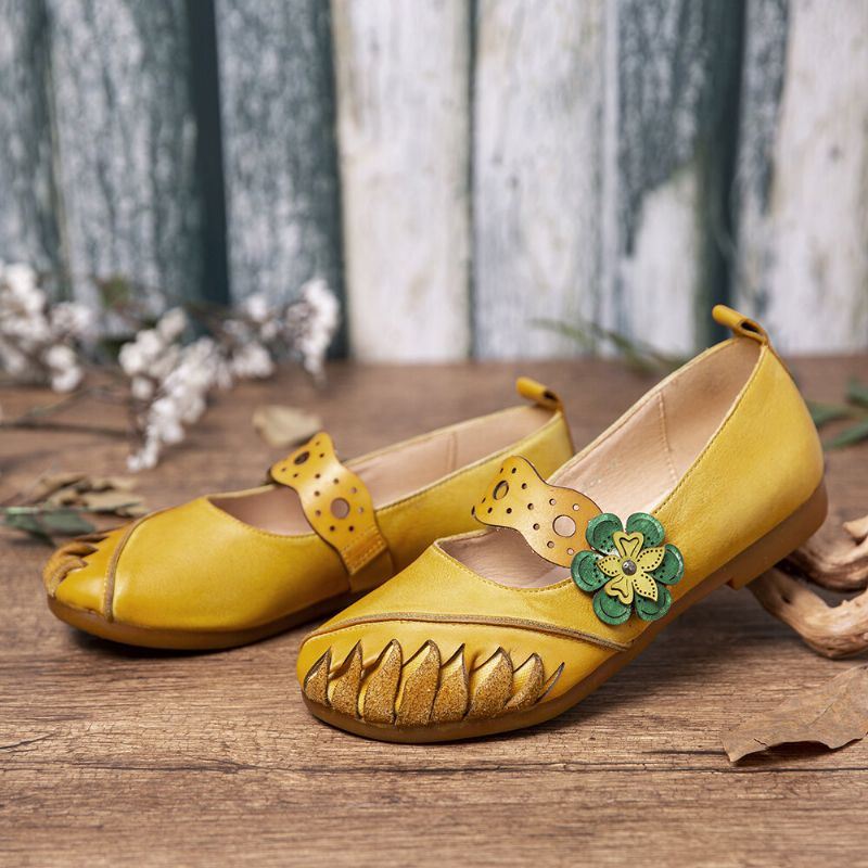 Vintage Handgemaakte Zachte Lederen Bloemen Haak Lus Riem Slip Op Platte Schoenen Voor Dames