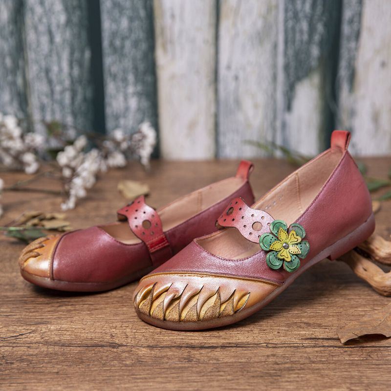 Vintage Handgemaakte Zachte Lederen Bloemen Haak Lus Riem Slip Op Platte Schoenen Voor Dames