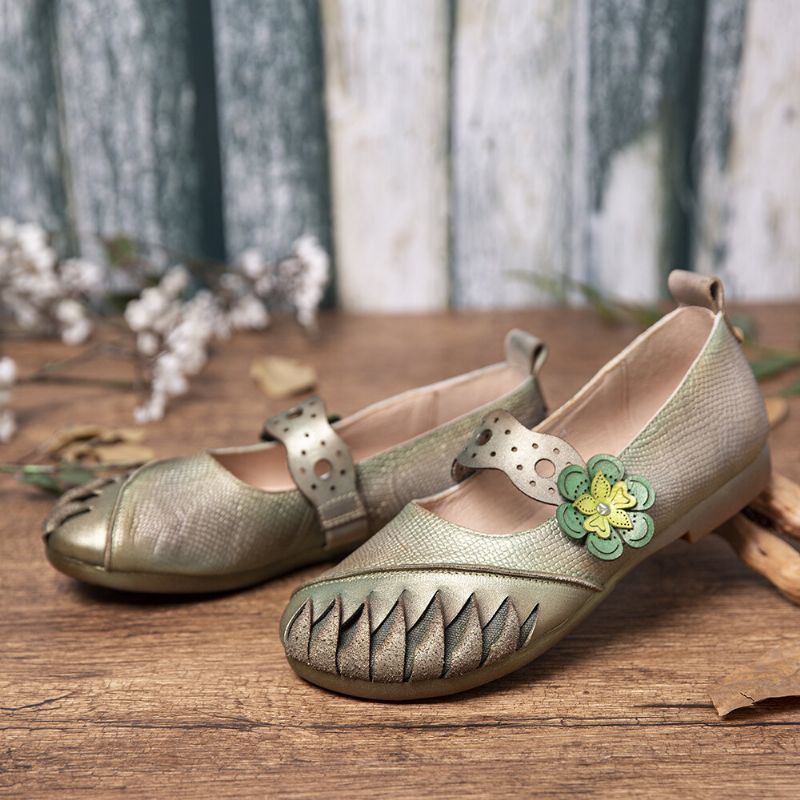 Vintage Handgemaakte Zachte Lederen Bloemen Haak Lus Riem Slip Op Platte Schoenen Voor Dames