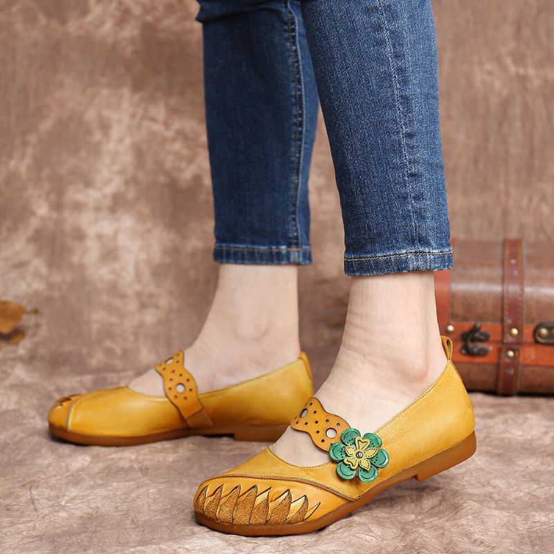 Vintage Handgemaakte Zachte Lederen Bloemen Haak Lus Riem Slip Op Platte Schoenen Voor Dames