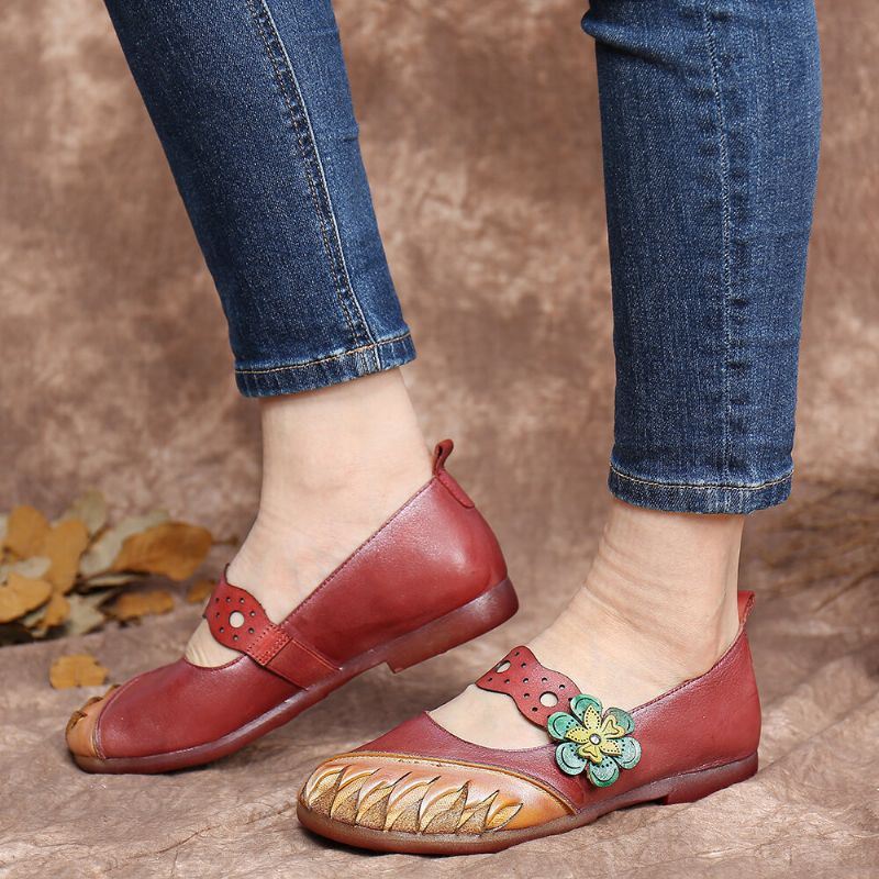 Vintage Handgemaakte Zachte Lederen Bloemen Haak Lus Riem Slip Op Platte Schoenen Voor Dames