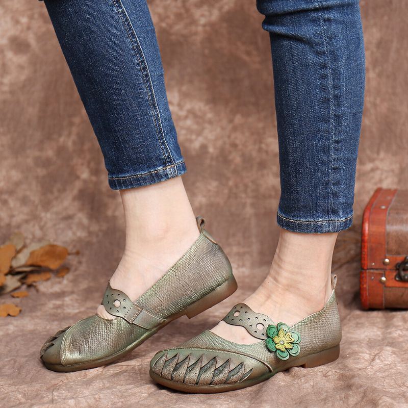 Vintage Handgemaakte Zachte Lederen Bloemen Haak Lus Riem Slip Op Platte Schoenen Voor Dames