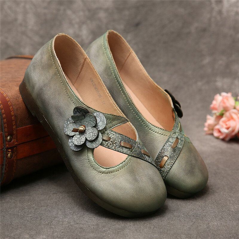 Vintage Handgemaakte Zachte Lederen Bloemen Riem Groene Slip Op Platte Schoenen Voor Dames