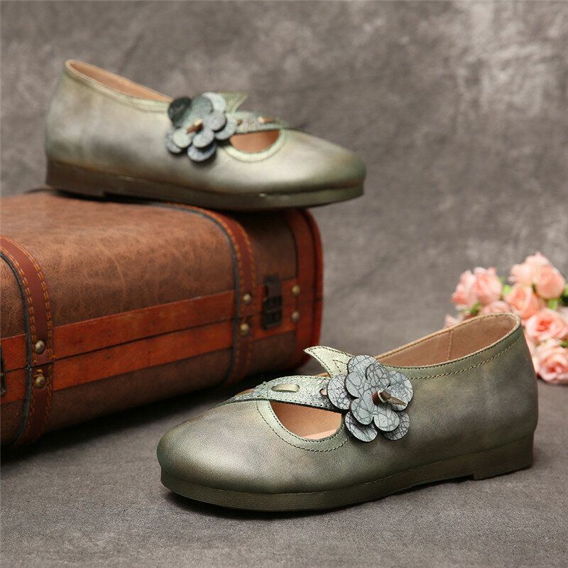 Vintage Handgemaakte Zachte Lederen Bloemen Riem Groene Slip Op Platte Schoenen Voor Dames