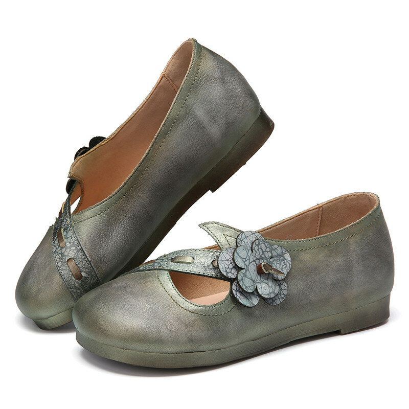 Vintage Handgemaakte Zachte Lederen Bloemen Riem Groene Slip Op Platte Schoenen Voor Dames