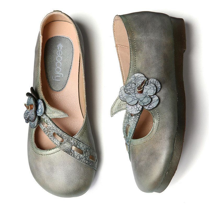 Vintage Handgemaakte Zachte Lederen Bloemen Riem Groene Slip Op Platte Schoenen Voor Dames