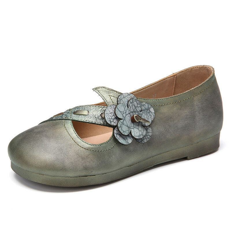 Vintage Handgemaakte Zachte Lederen Bloemen Riem Groene Slip Op Platte Schoenen Voor Dames