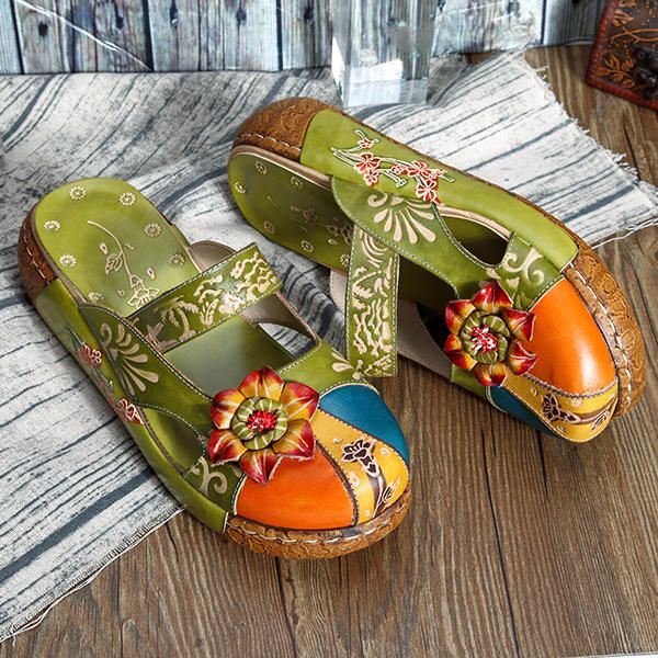 Vintage Kleurrijke Lederen Hollow Out Backless Bloem Schoenen Dames Loafers