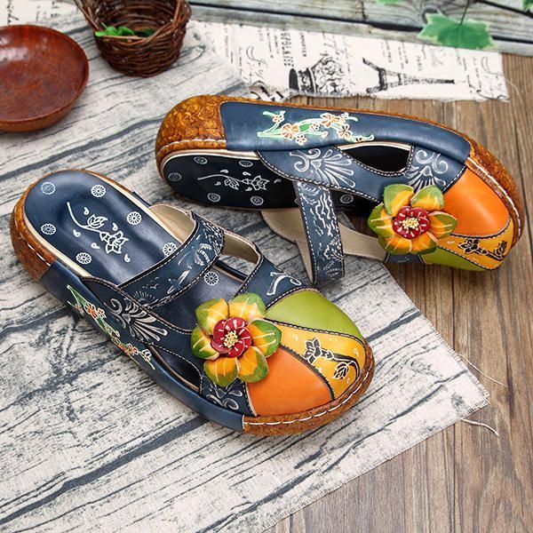 Vintage Kleurrijke Lederen Hollow Out Backless Bloem Schoenen Dames Loafers