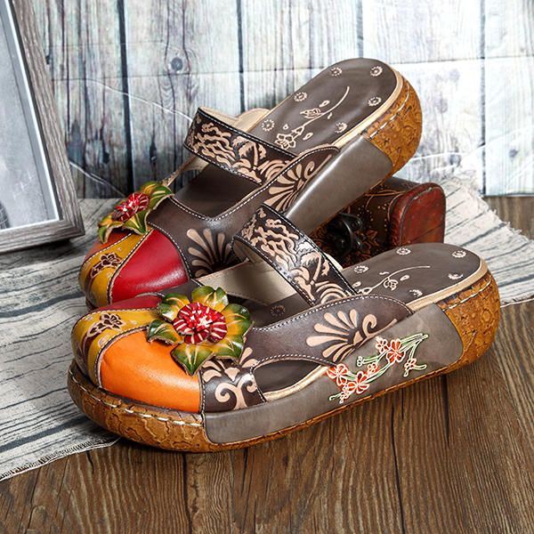 Vintage Kleurrijke Lederen Hollow Out Backless Bloem Schoenen Dames Loafers