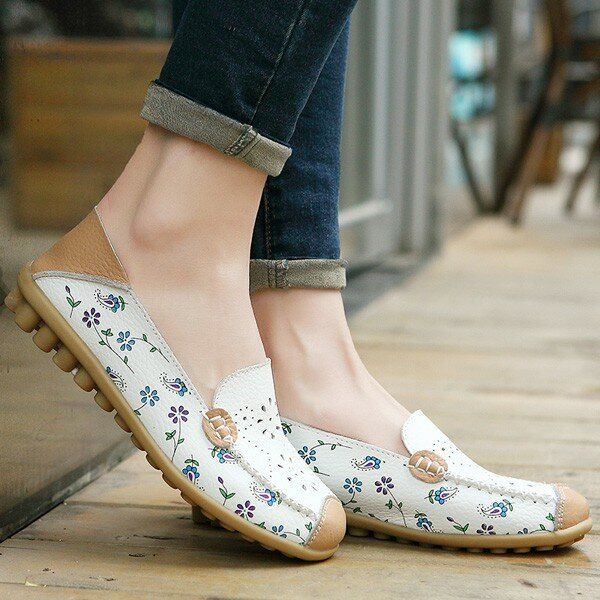 Vrijetijdsschoenen Voor Dames Ademende Uitgeholde Platte Loafers Met Zachte Zool Loafers Met Bloemenprint