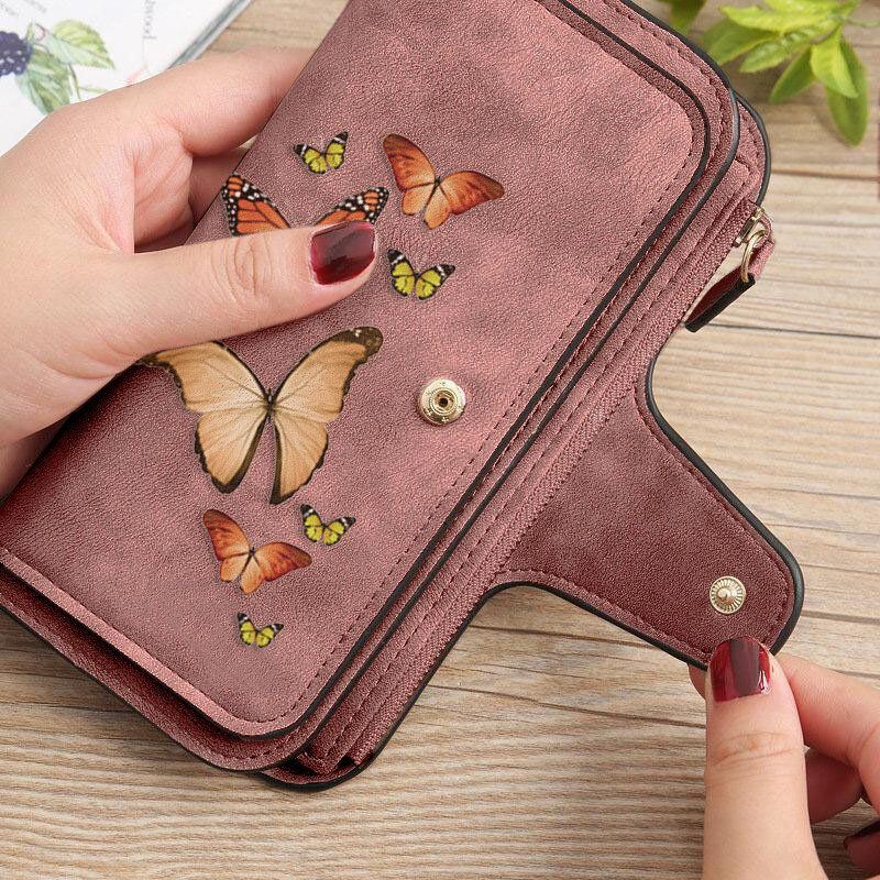 Dames Butterfly Four Fold Portemonnee Portemonnee 14 Kaartsleuf 5.5 Inch Telefoontas