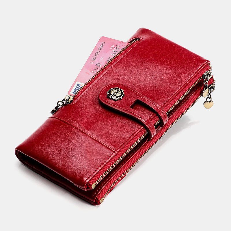 Dames Echt Leer Antimagnetische Multi-slots 14 Kaartsleuven Rits Bifold Lange Portemonnee