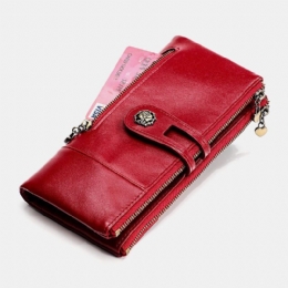 Dames Echt Leer Antimagnetische Multi-slots 14 Kaartsleuven Rits Bifold Lange Portemonnee