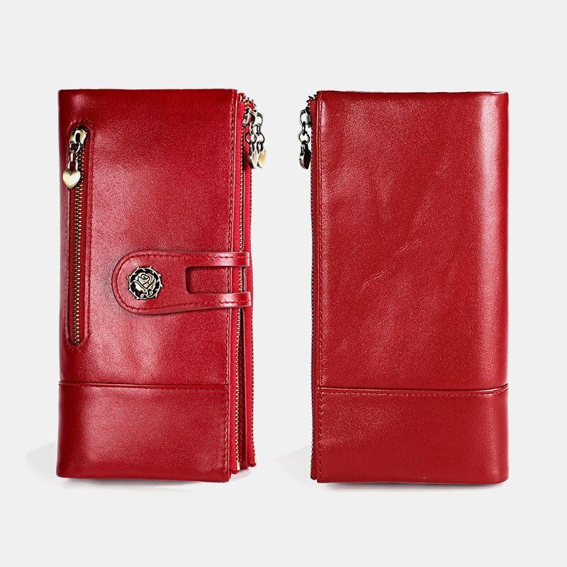 Dames Echt Leer Antimagnetische Multi-slots 14 Kaartsleuven Rits Bifold Lange Portemonnee