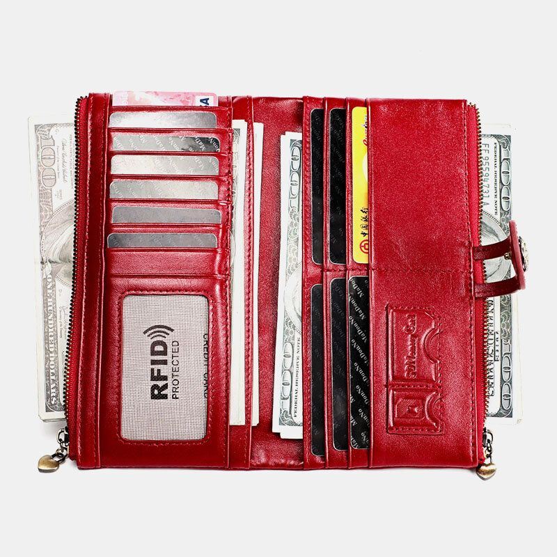 Dames Echt Leer Antimagnetische Multi-slots 14 Kaartsleuven Rits Bifold Lange Portemonnee