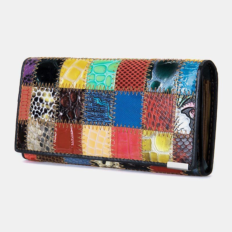 Dames Echt Leer Bifold Gekleurde Geometrische Patroon Multi-card Slot Card Case Geld Clip Portemonnee Lange Clutch Portefeuilles