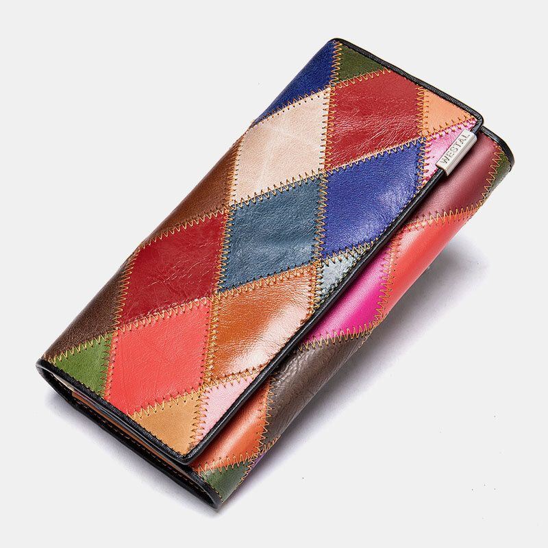 Dames Echt Leer Bifold Gekleurde Geometrische Patroon Multi-card Slot Card Case Geld Clip Portemonnee Lange Clutch Portefeuilles