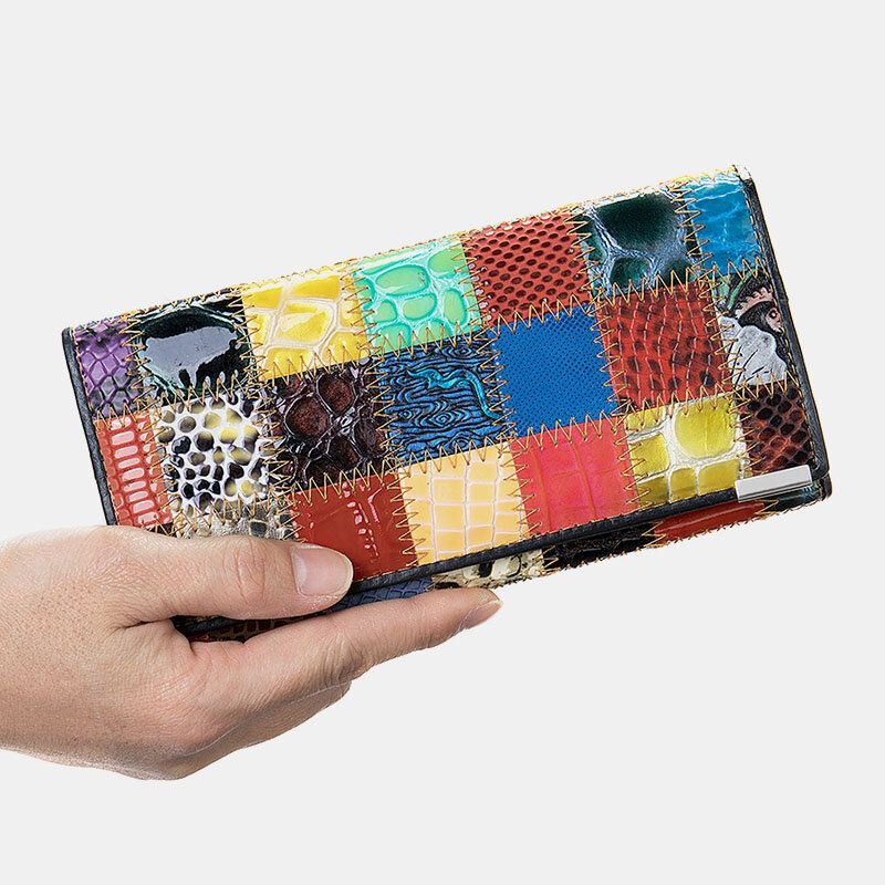 Dames Echt Leer Bifold Gekleurde Geometrische Patroon Multi-card Slot Card Case Geld Clip Portemonnee Lange Clutch Portefeuilles