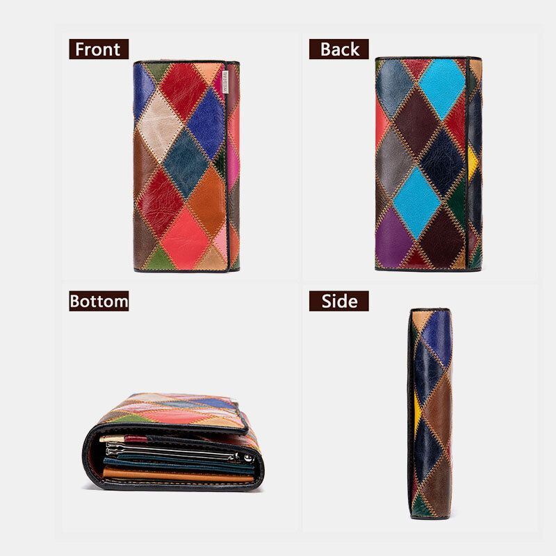 Dames Echt Leer Bifold Gekleurde Geometrische Patroon Multi-card Slot Card Case Geld Clip Portemonnee Lange Clutch Portefeuilles